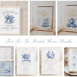 È ora del tè con la futura sposa, pacchetto per la festa nuziale / Tea party ispirato a Bridgerton / Toile de Jouy blu / Cartello di benvenuto / Biglietto di ringraziamento