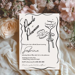 Invitación y tarjeta de agradecimiento para despedida de soltera con perlas y prosecco / Invitación dibujada a mano