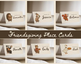 Friendsgiving Printable Place Cards — Editable Thanksgiving Woodland Animal Table Decor