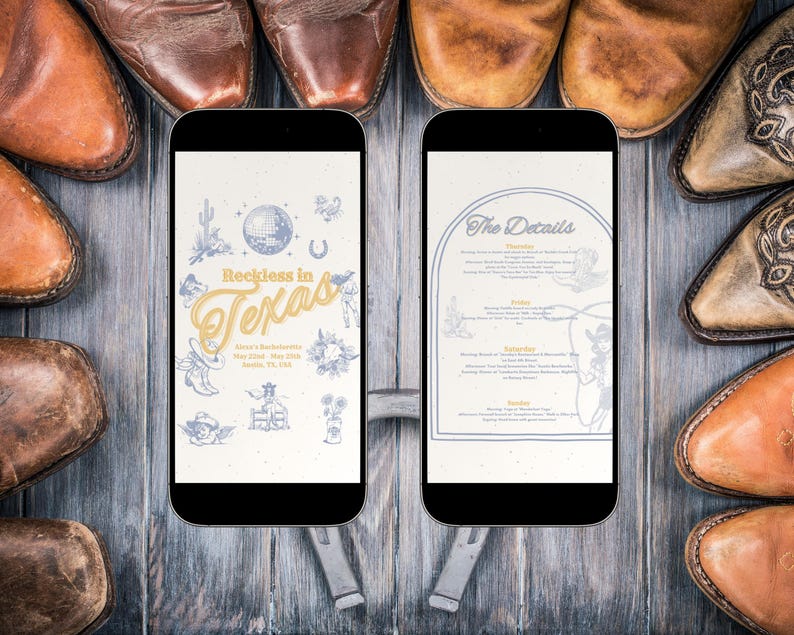 May include: Two smartphone mockups displaying a wedding invitation for a party called "Reckless in Texas" with a disco ball graphic and the details of the event. The phones are surrounded by cowboy boots.