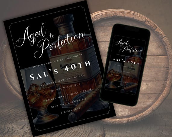 Aged to Perfection Invitation, Whiskey Birthday Invitation, Whiskey Birthday Theme, Cigar Birthday Invite, Men’s Bourbon Birthday Party