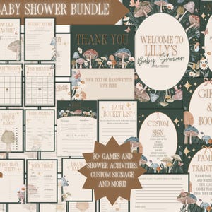 May include: A printable baby shower bundle featuring a woodland mushroom theme. The bundle includes games, activities, signage, and more. The text "Welcome to Lilly's Baby Shower" is featured on a sign with a mushroom and floral design.