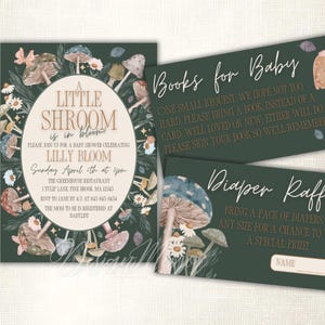 May include: A green and brown invitation for a baby shower with a mushroom theme. The invitation says "A Little Shroom is in Bloom" and includes details for the event, including the date, time, location, and RSVP information.