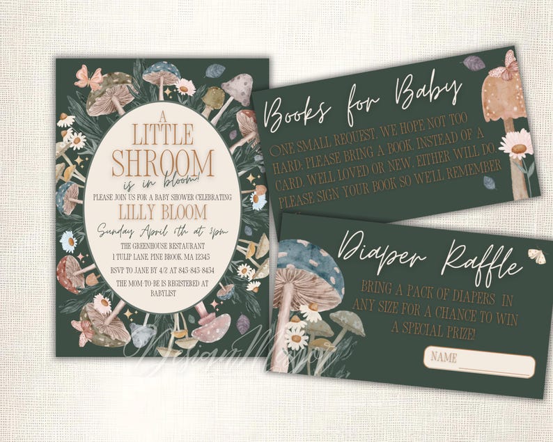 May include: A green and brown invitation for a baby shower with a mushroom theme. The invitation says "A Little Shroom is in Bloom" and includes details for the event, including the date, time, location, and RSVP information.