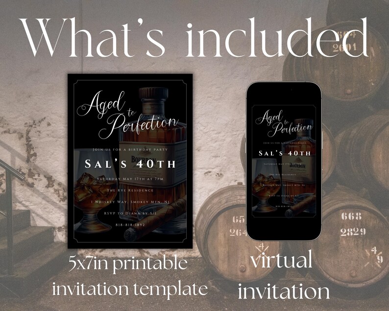 Peut inclure: Un mod&egrave;le d'invitation imprimable de 12,7 x 17,8 cm et une invitation virtuelle pour une f&ecirc;te d'anniversaire de 40 ans. Les invitations pr&eacute;sentent un fond sombre avec une bouteille de bourbon, un verre de whisky et un cigare. Le texte sur les invitations indique "Aged to Perfection" et "Sal's 40th".