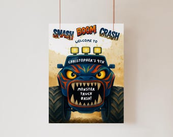 Monster Truck Birthday Welcome Sign: Editable Smash Boom Crash Party Poster (Printable 18x24 24x36)