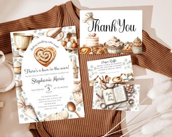 Bun in the Oven Baby Shower Invitation Suite: Cinnamon Roll, Eucalyptus (Digital Download)