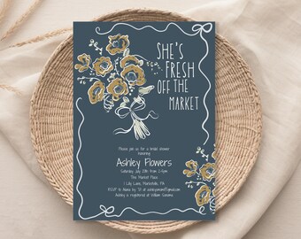 Floral Bridal Shower Invitation: Dark Blue, Bow Theme (Digital Download)
