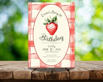 Strawberry First Birthday Invitation: Picnic Theme (Editable Template)