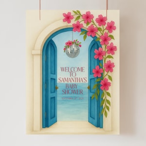 Letrero de bienvenida para baby shower "Mamma Mia" / Plantilla de póster de bienvenida "Miel, Miel" / Canva editable / Tema de discoteca griega / 18x24 y 24x36