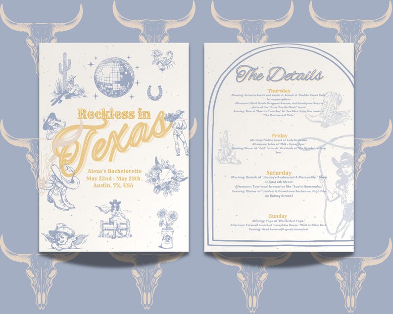 Reckless In Texas Bachelorette Itinerary: Dusty Blue Cowgirl Invitation (Digital Download) image 5