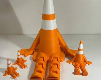 Traffic cone buddy figurine 3d printed desk toy articulated legs.