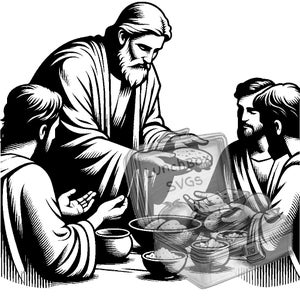 Könnte beinhalten: Schwarz-Weiß-Illustration einer religiösen Szene. Mehrere Figuren versammeln sich um einen Tisch, wobei eine Figur eine Lunchbox hält. Auf dem Tisch stehen Schalen mit Essen. Die Lunchbox trägt den Text "LUNCHBOX SVGS".