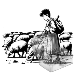 May include: A black and white illustration of a shepherd with a staff leading a flock of sheep. The shepherd is wearing a long robe and a backpack. The sheep are all facing the same direction.