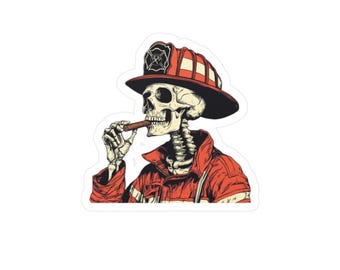May include: A skeleton wearing a red firefighter's uniform and helmet, holding a cigar in its mouth.
