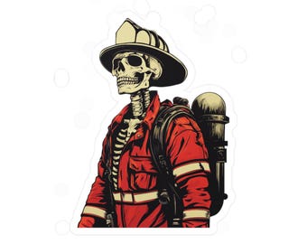 May include: A skeleton wearing a red firefighter uniform with a yellow stripe, a black helmet, and a black oxygen tank on its back.