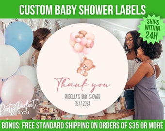 Pink Bear Balloon Baby Shower Favor Label Custom Baby Shower Thank You Sticker Mason Jar Label Party Favor Personalized Gift Tag Baby Girl