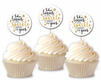 She Leaves A Little Sparkle Wherever She Goes Cupcake Toppers, Gold Glitter Print, Birthday Party Picks, Set of 12 Cake Toppers D480