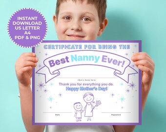 Best Nanny Award Certificate Mother's Day Gift For Grandma Printable Certificate Template PDF Download Mother's Day Award Kid's Activity