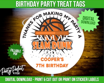 Descargar PDF Etiqueta o etiqueta de fiesta de cumpleaños de baloncesto Descarga instantánea pegatina de fiesta de cumpleaños Etiqueta de bolsa de golosinas de baloncesto Etiqueta de bolsa de regalos