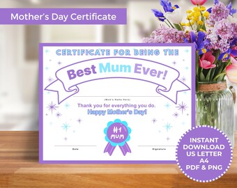 Best Mum Award Certificate Mother's Day Gift Printable Certificate Template PDF Download Mother's Day Award Mother's Day Kid's Activity