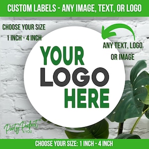 May include: White circle with green text that says "YOUR LOGO HERE" and a green arrow pointing to the text. The text "ANY TEXT, LOGO, OR IMAGE" is in the circle. The background is a white brick wall with green plants.