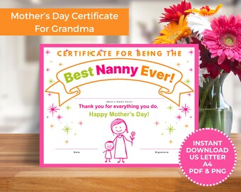 Best Nanny Award Certificate Mother's Day Gift For Grandma Printable Certificate Template PDF Download Mother's Day Award Kid's Activity
