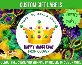 Custom Mardi Gras Sticker Personalized Mardi Gras Crown Label Mardi Gras Party Favor Gift Tag Treat Bag Label Mardi Gras Parade Throw Tag