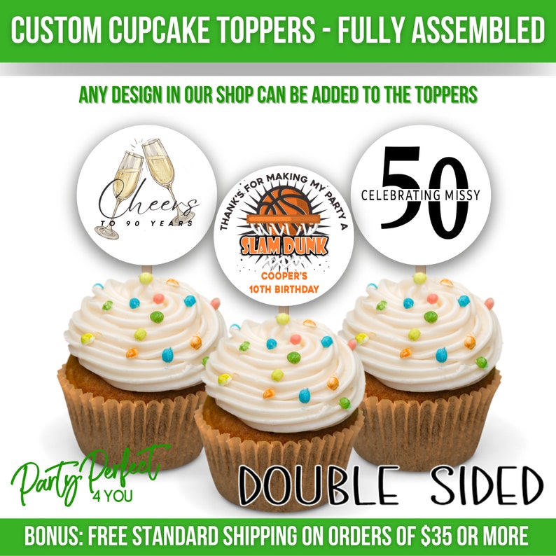 Custom Image Cupcake Topper Double Sided Business Logo Personalized Cake Topper Birthday Party Pick Baby Shower Wedding Food Pick Graduation image 4
