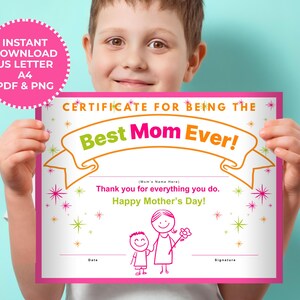 Certificado imprimible para el Día de la Madre. Plantilla de certificado de regalo para la mejor mamá. Descargar PDF. Premio del Día de la Madre. Regalo del Día de la Madre. Actividad para niños.
