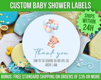 Blue Bear Balloon Baby Shower Favor Label Custom Baby Shower Thank You Sticker Mason Jar Label Party Favor Personalized Gift Tag Baby Boy