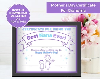 Best Nana Award Certificate Mother's Day Gift For Grandma Printable Certificate Template PDF Download Mother's Day Award Kid's Activity