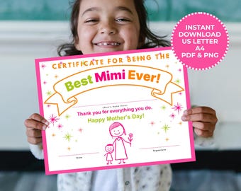 Best Mimi Award Certificate Mother's Day Gift For Grandma Printable Certificate Template PDF Download Mother's Day Award Kid's Activity