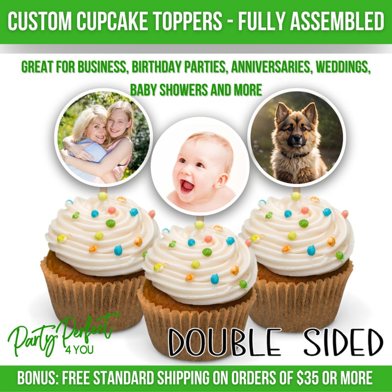 Custom Image Cupcake Topper Double Sided Business Logo Personalized Cake Topper Birthday Party Pick Baby Shower Wedding Food Pick Graduation image 2