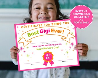 Best Gigi Award Certificate Mother's Day Gift For Grandma Printable Certificate Template PDF Download Mother's Day Award Kid's Activity