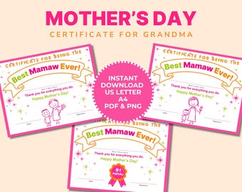 Best Mamaw Award Certificate Mother's Day Gift For Grandma Printable Certificate Template PDF Download Mother's Day Award Kid's Activity