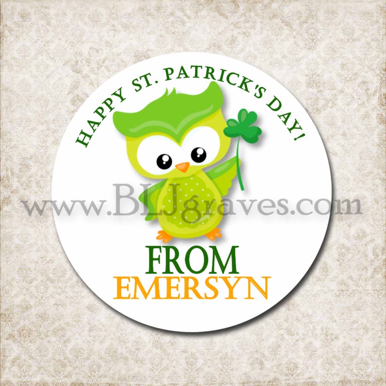 Green Owl 4 Leaf Clover Mason Jar Labels D421 Happy Saint Patrick/'s Day Party Favor Labels Gift Sticker Labels