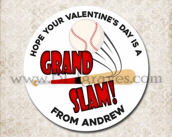Personalized Baseball Grand Slam Valentine Labels, Valentine Class Party Stickers, Sports Treat Bag Stickers D473