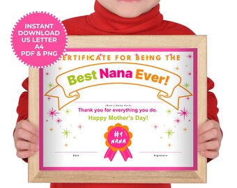 Best Nana Award Certificate Mother's Day Gift For Grandma Printable Certificate Template PDF Download Mother's Day Award Kid's Activity