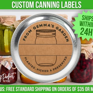May include: Custom canning labels with a brown background and black text that reads "From Gemma's Garden, Planted, Picked & Preserved". The labels are designed to fit on a standard canning jar lid.