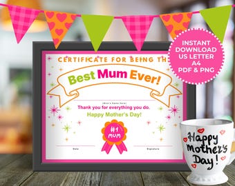 Best Mum Award Certificate Mother's Day Gift Printable Certificate Template PDF Download Mother's Day Award Mother's Day Kid's Activity