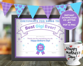 Best Gigi Award Certificate Mother's Day Gift For Grandma Printable Certificate Template PDF Download Mother's Day Award Kid's Activity