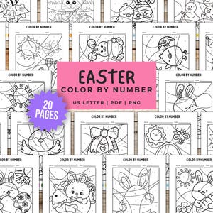 以下が含まれることがあります： ウサギ、卵、ひよこ、花など、さまざまなイースターのテーマをフィーチャーした、印刷可能なイースター塗り絵20ページのセット。ページはUSレターサイズの紙用に設計されており、PDFとPNG形式で入手できます。