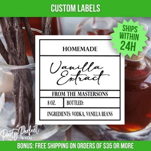 May include: A white label with black text that reads "Homemade Vanilla Extract" with the words "From the Mastersons" below. The label also includes the text "8 oz. Bottled: Ingredients: Vodka, Vanilla Beans".