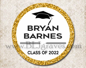 Custom Graduation Party Favor Sticker Labels, Personalized Gold Glitter Graduation Announcement Invitation Labels D486