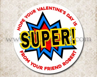 Super Hero Valentine Stickers,  Personalized Happy Valentines Day Labels, Valentine Favor Jar Stickers, Party Favor Treat Bag Stickers D451