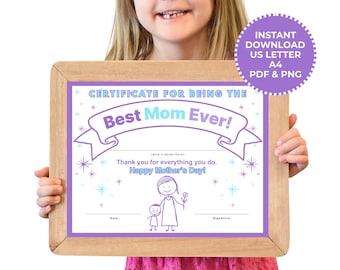 Best Mom Award Certificate Mother's Day Gift Printable Certificate Template PDF Download Mother's Day Award Mother's Day Kid's Activity