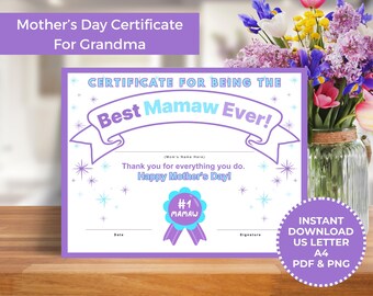 Best Mamaw Award Certificate Mother's Day Gift For Grandma Printable Certificate Template PDF Download Mother's Day Award Kid's Activity