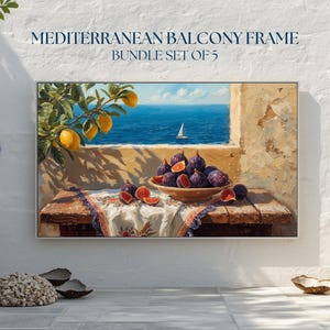 Mediterranean Balcony Frame TV Art, Coastal Sea View Wallpaper, Italy Summer Landscape 5 TV Art Bundle