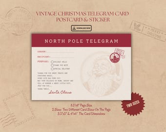 Retro kersttelegram: kerstmankoekjeskaart, feestelijke sticker (digitale download)